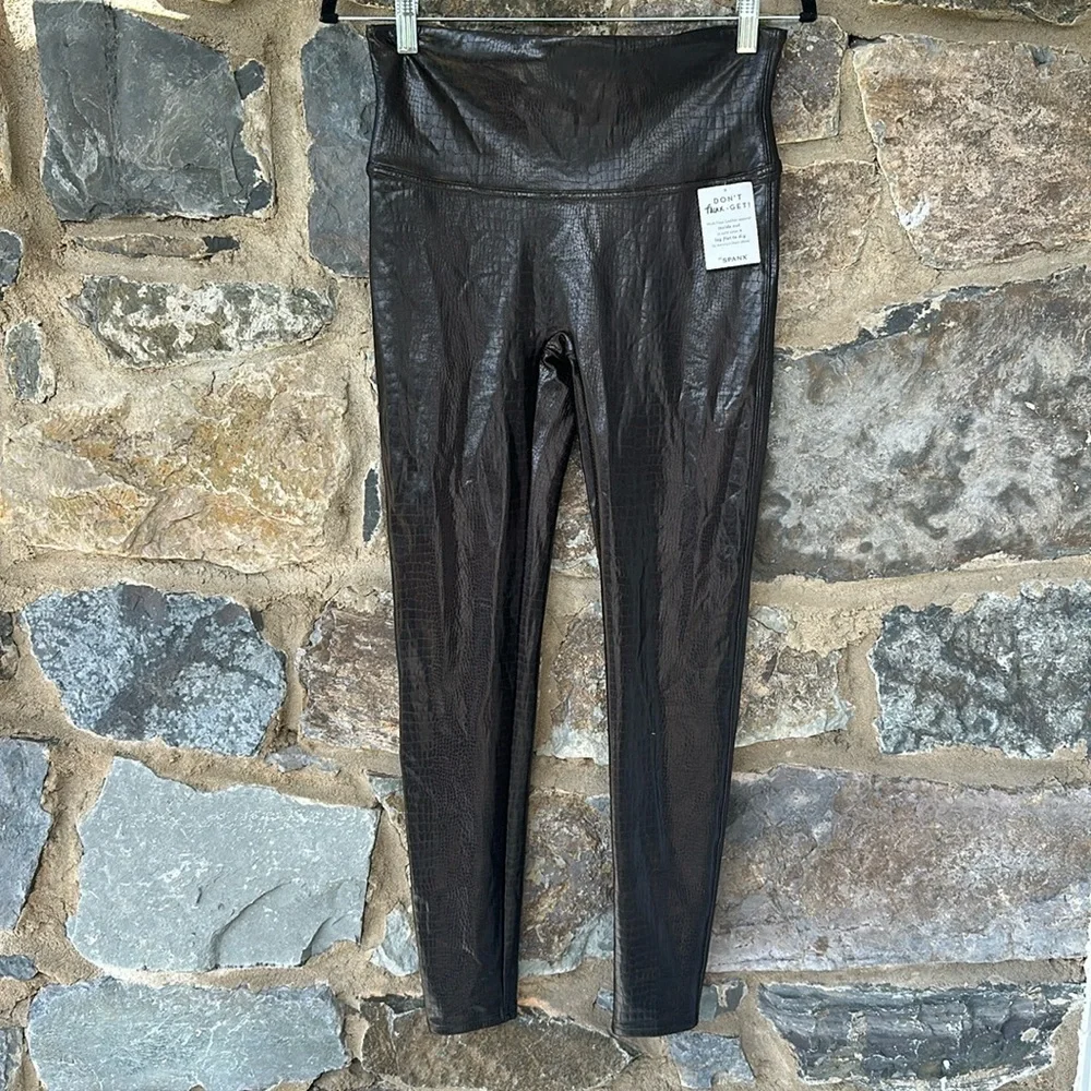 NWT Spanx Faux Leather Croc Shine Leggings in Black/Brown size Large - Picture 2 of 9